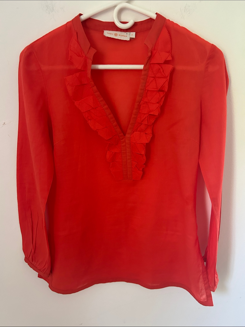 Tory Burch Dark Orange Ruffle-Trimmed Long Sleeved Top Sz 0/2